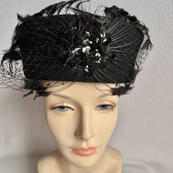 Black Wool Felt Hat iwth Big Feathers, Sequins, Netting - Picture 5 of 10